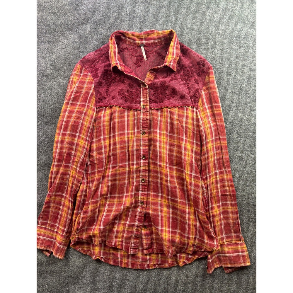 Free People Saddle Up Lace Button Down Shirt Womens Small Check FloralWestern
